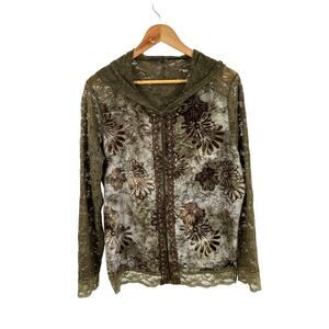 Britany Black Green Lace Full Zip Long Sleeve Jacket Size‎ Large